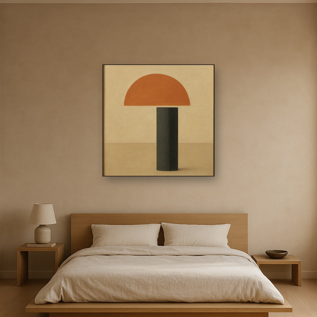 Semicircle Horizon & Minimalist Pillar No. 8 Oil Painting Staged Above Master Bed in Bedroom, Calming Neutral Hand Painted Oil Art