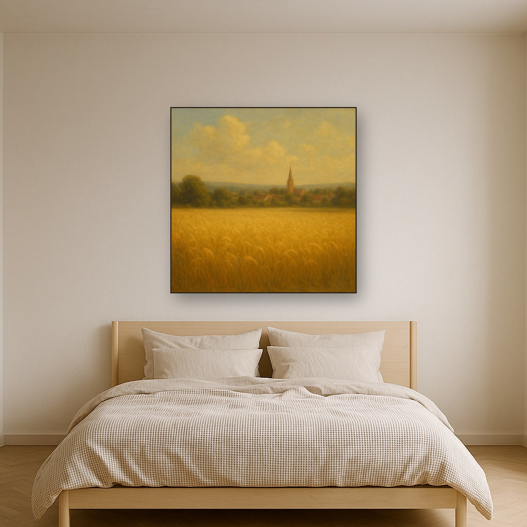 Sun-Drenched Wheatfield & Distant Village Oil Painting - View 3