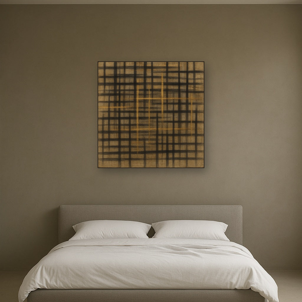 Abstract Woven Line Matrix in Charcoal & Gold No. 12 Fine Art Oil Painting - View 3