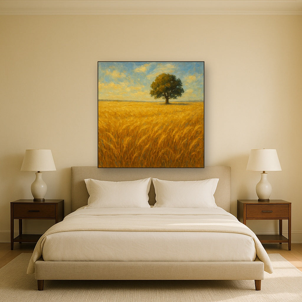 Sun-Drenched Wheat Field & Solitary Tree No. 2 Oil Painting - Styled in Master Bedroom