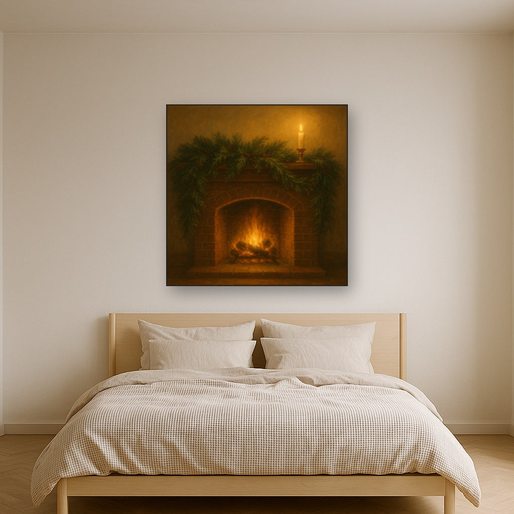 Vintage Fireside Hearth & Cedar Garlands No. 5 Oil Painting Staged Above Master Bed in Bedroom, Calming Neutral Hand Painted Oil Art