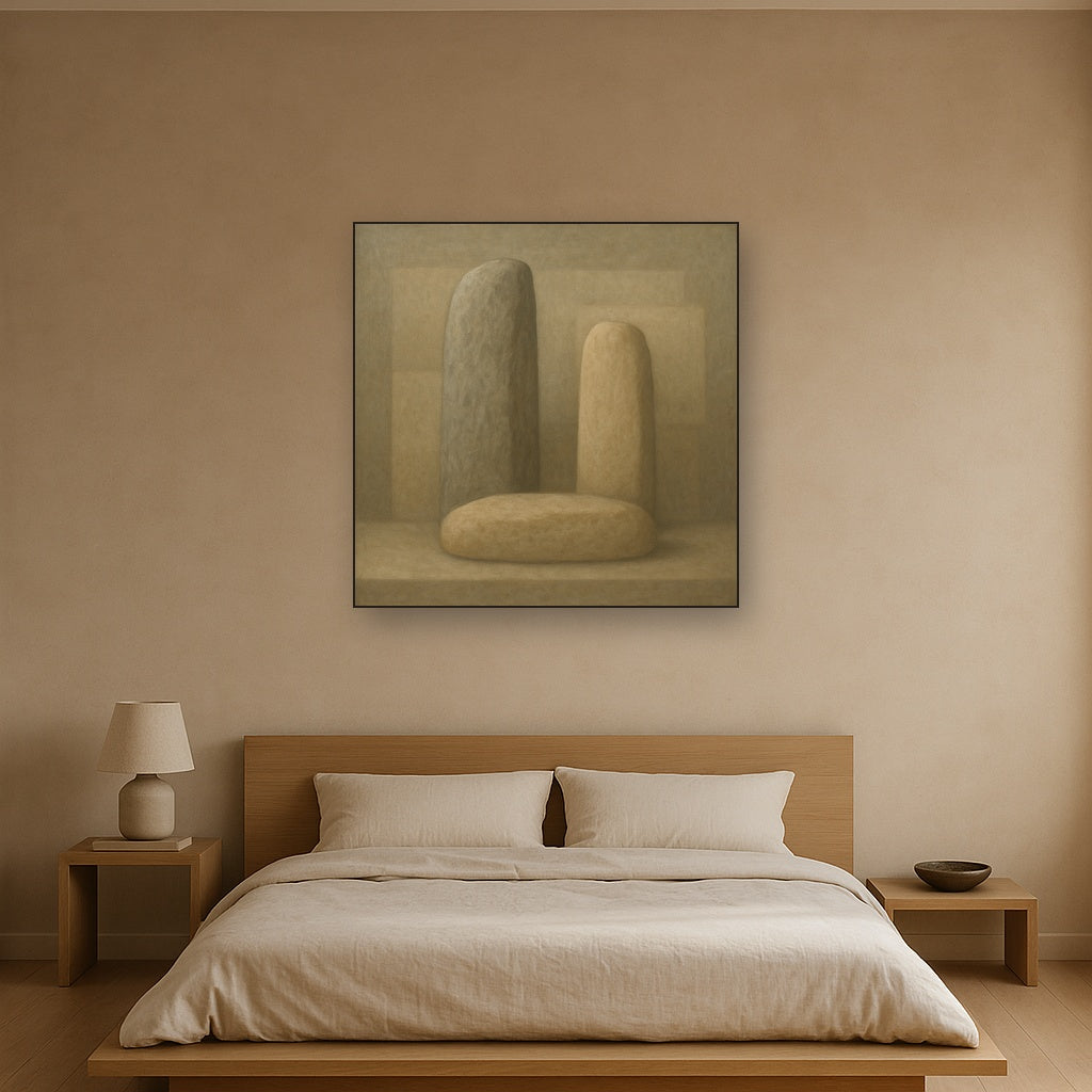 Driftwood Grey & Weathered Stone Monolith No. 22 Oil Painting Staged Above Master Bed in Bedroom, Calming Neutral Hand Painted Oil Art