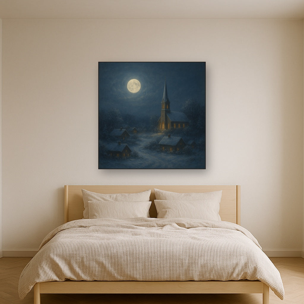 Moonlight Over Snowy Village Steeple No. 4 Oil Painting - View 3