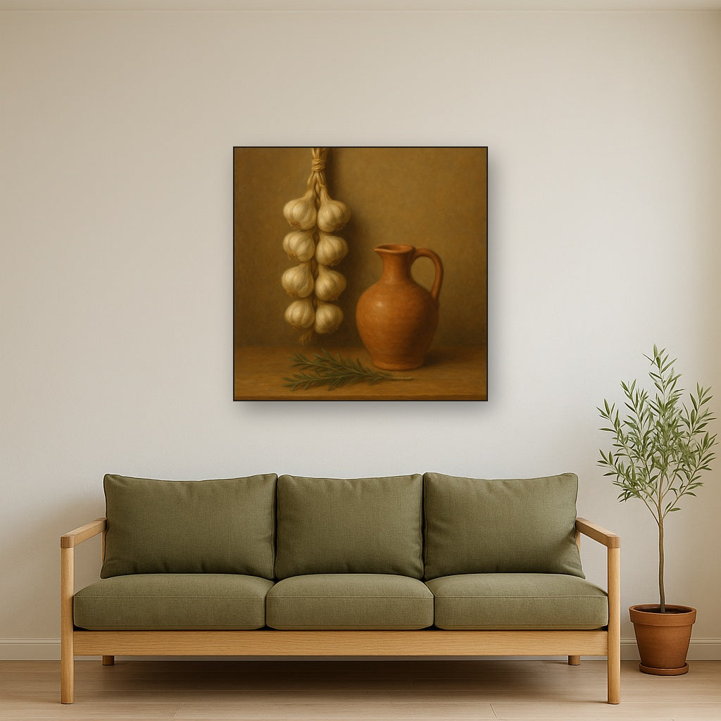 Tuscan Garlic Braid & Terracotta Cruet No. 6 Oil Painting Staged Above Master Bed in Bedroom, Calming Neutral Hand Painted Oil Art
