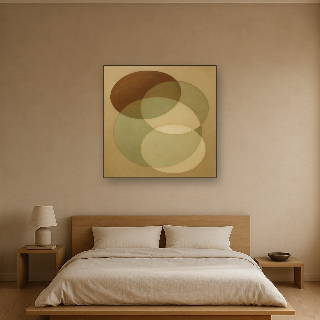 Floating Ellipse Harmony in Walnut & Pale Sage No. 15 Oil Painting - View 3