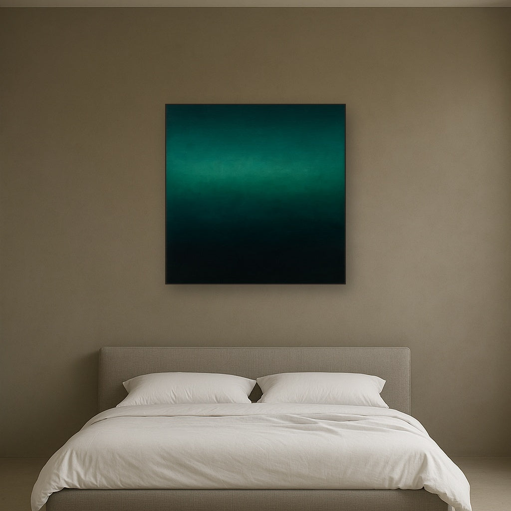 Midnight Teal & Deep Malachite Gradient No. 20 Oil Painting Staged Above Master Bed in Bedroom, Calming Neutral Hand Painted Oil Art