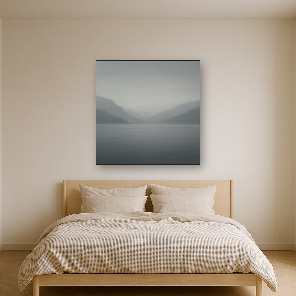 Misty Fjord Horizon in Monochromatic Slate No. 18 Oil Painting Staged Above Master Bed in Bedroom, Calming Neutral Hand Painted Oil Art