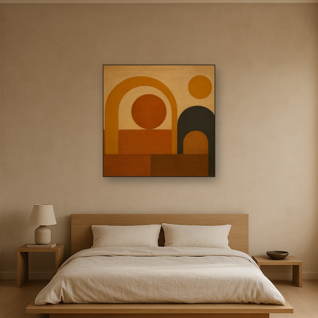 Arch & Circle Equilibrium in Warm Earth Tones No. 19 Oil Painting Staged Above Master Bed in Bedroom, Calming Neutral Hand Painted Oil Art