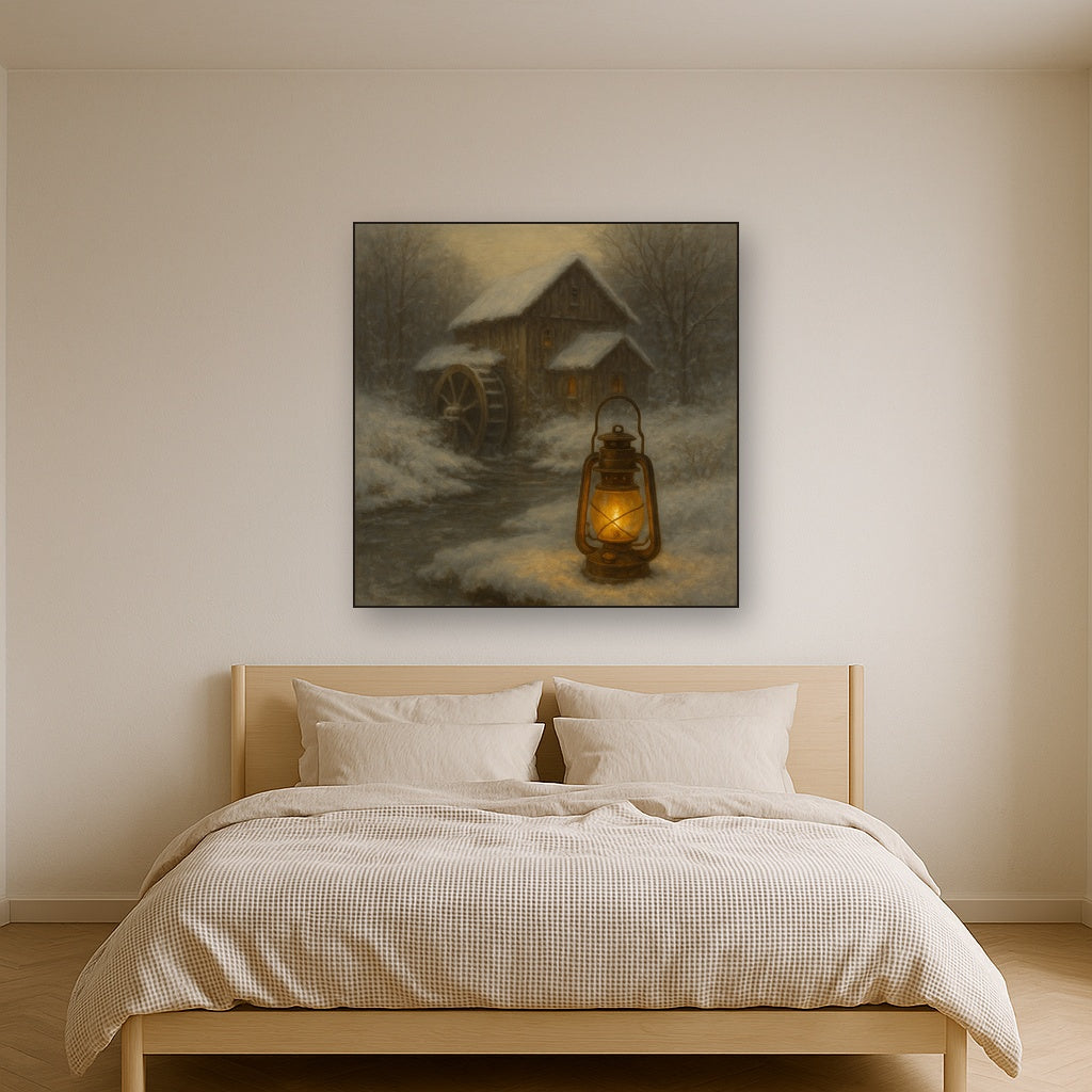 Snowy Mill Stream & Glowing Lantern No. 6 Oil Painting - View 3