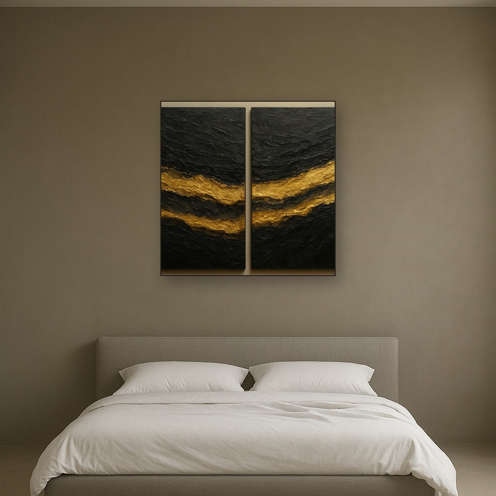 Basalt & Gold Mineral Diptych No. 3 Oil Painting - Styled in Master Bedroom