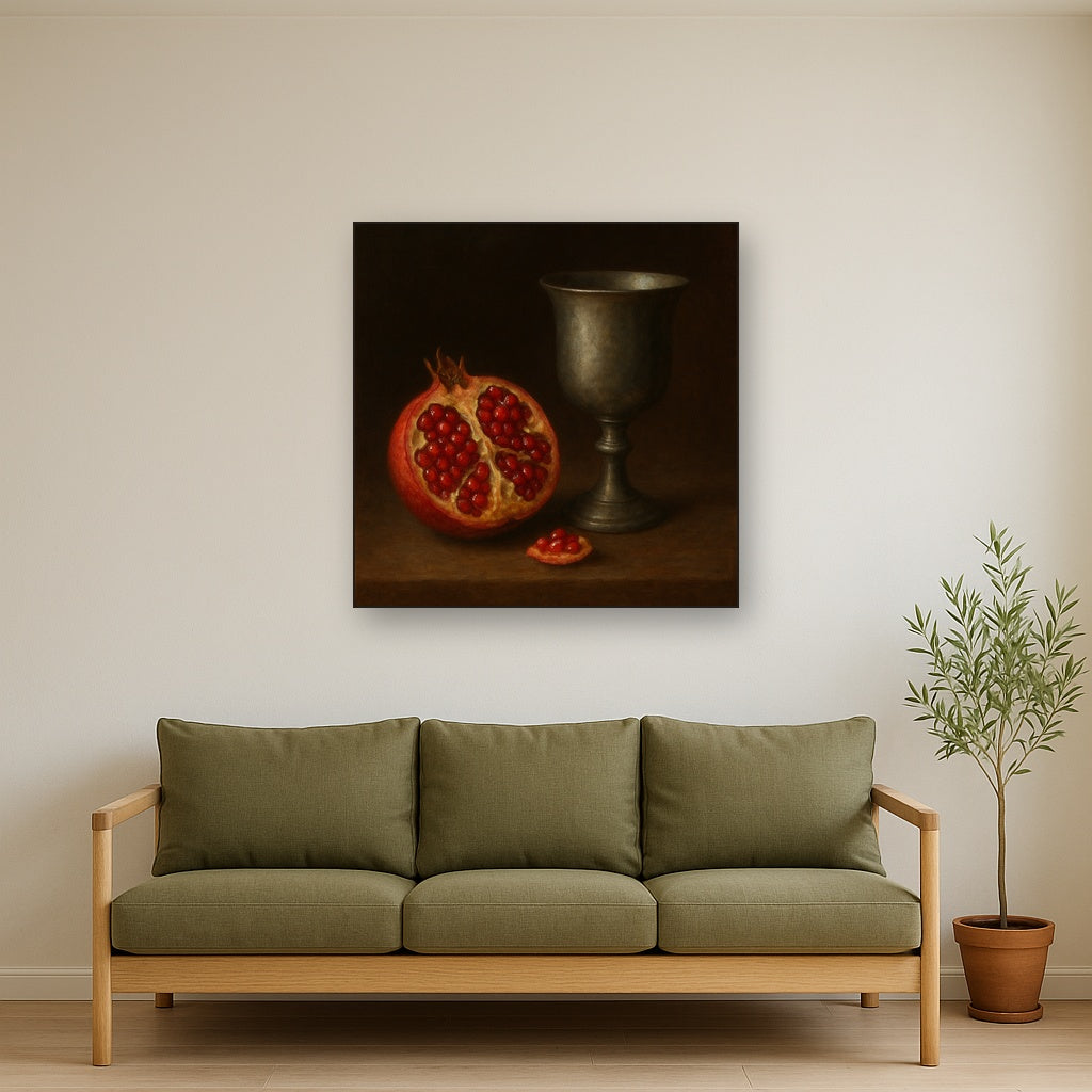 Pomegranate & Vintage Pewter Goblet No. 7 Oil Painting - View 3