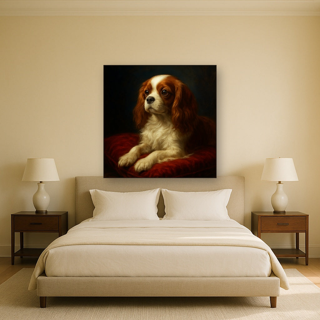 Cavalier King Charles Spaniel on Velvet Cushion Fine Art Oil Painting - View 3