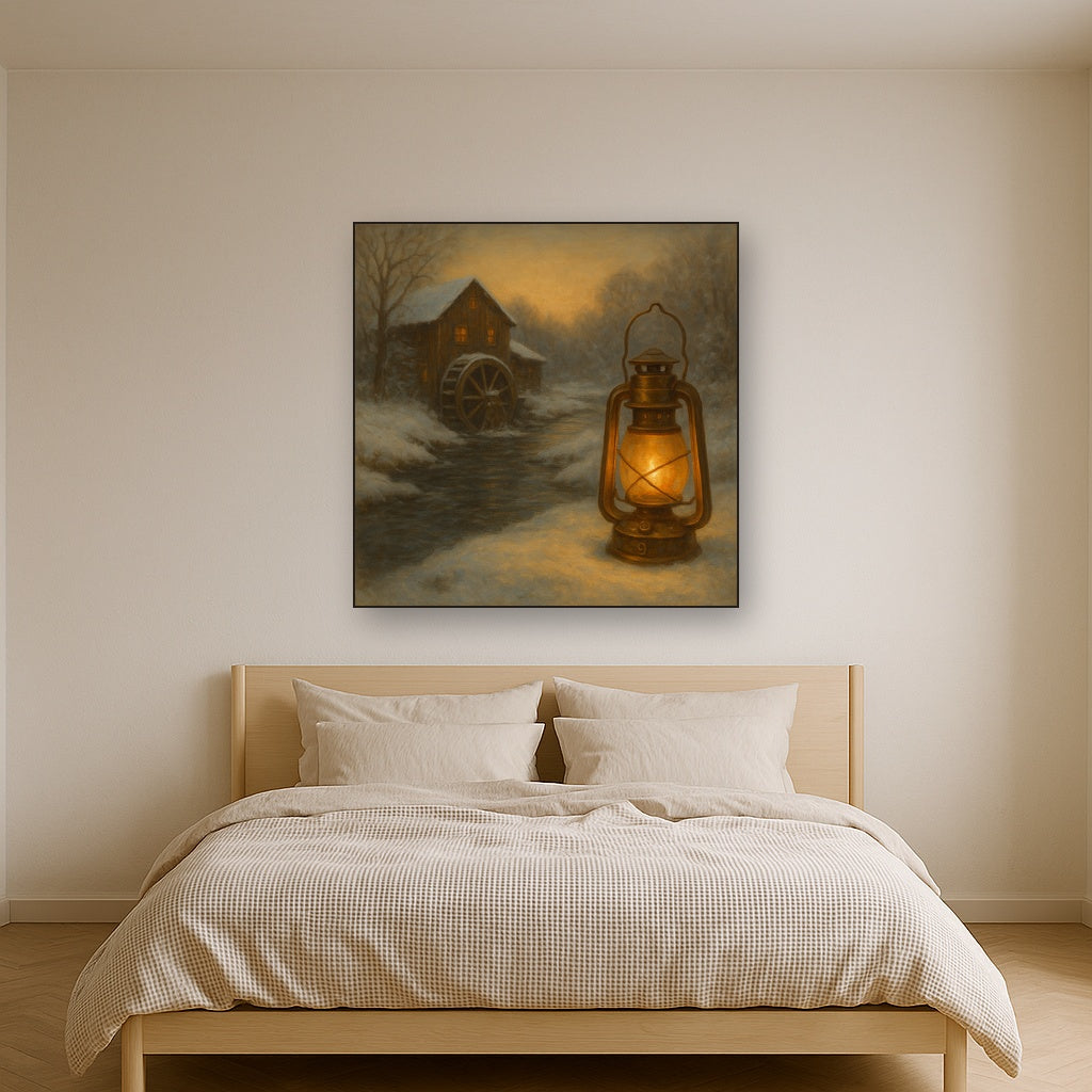 Snowy Mill Stream & Glowing Lantern No. 9 Oil Painting - View 3