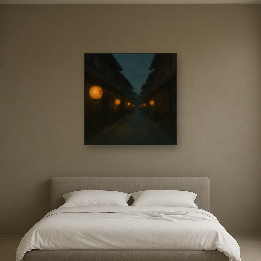 Old Kyoto Gion Alley in Soft Lantern Light No. 28 Oil Painting Staged Above Master Bed in Bedroom, Calming Neutral Hand Painted Oil Art
