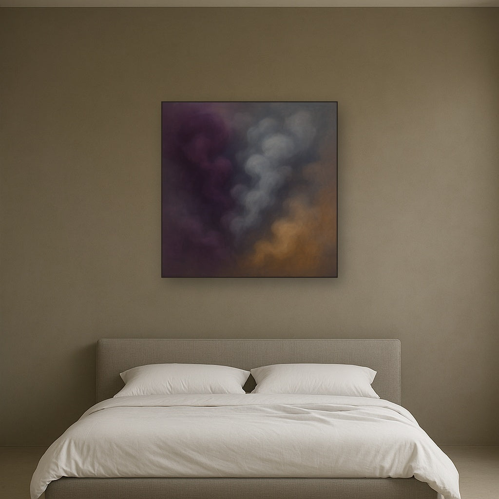 Gilded Plum & Soft Smoke Cloud Harmony No. 15 Oil Painting Staged Above Master Bed in Bedroom, Calming Neutral Hand Painted Oil Art