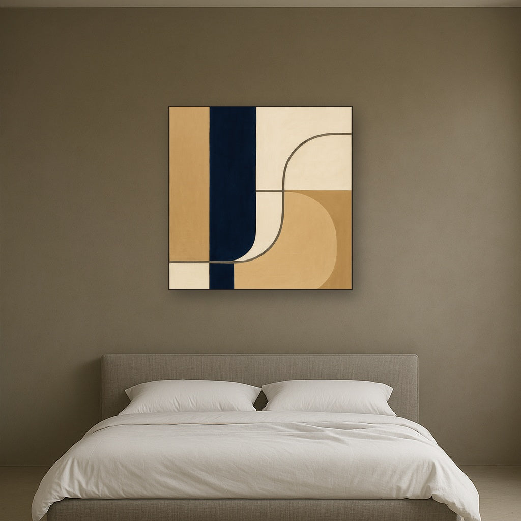 Navy & Warm Beige Geometric Line Balance No. 15 Fine Art Oil Painting - View 3