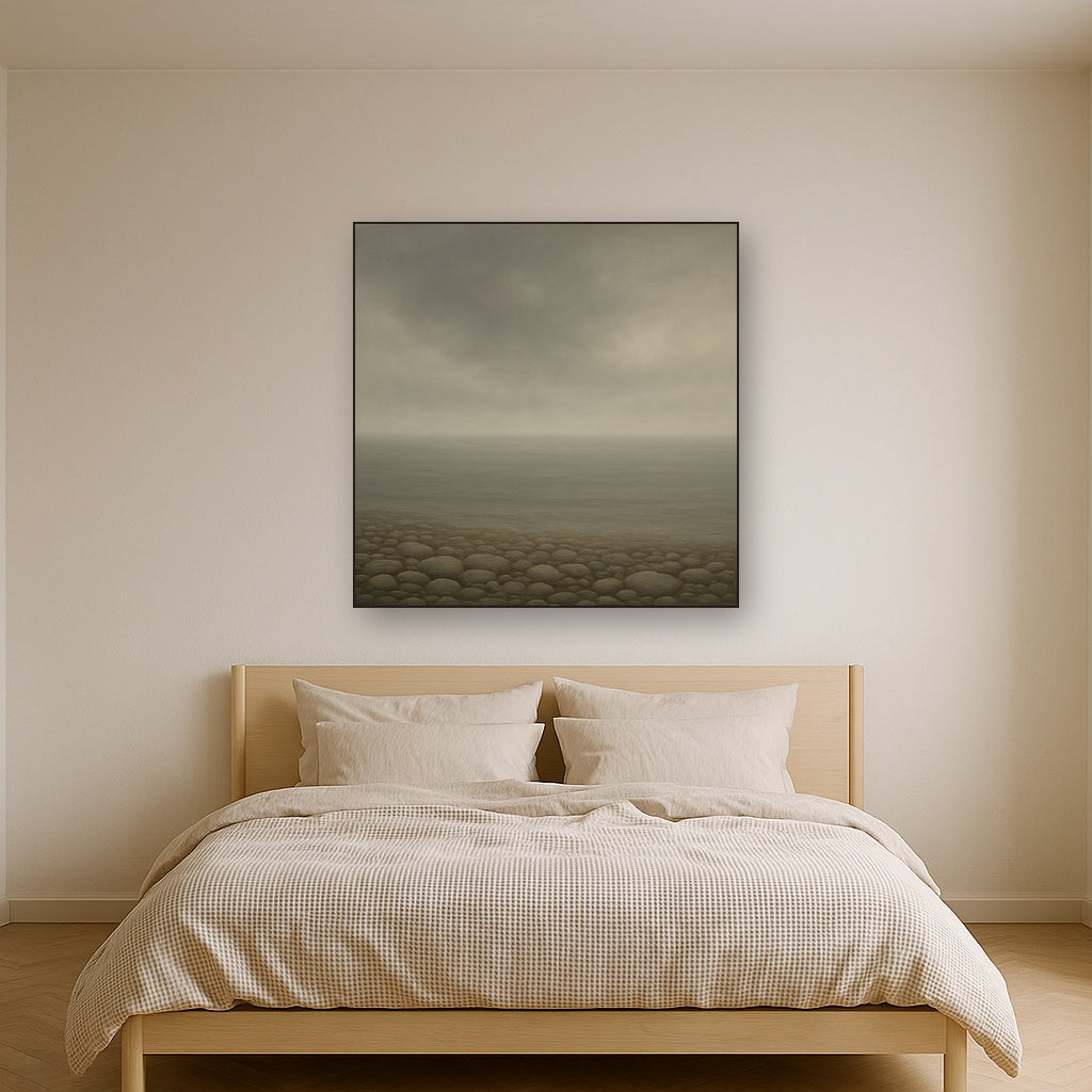 Overcast Coastal Fog & Wet Pebble Shingle No. 24 Oil Painting Staged Above Master Bed in Bedroom, Calming Neutral Hand Painted Oil Art