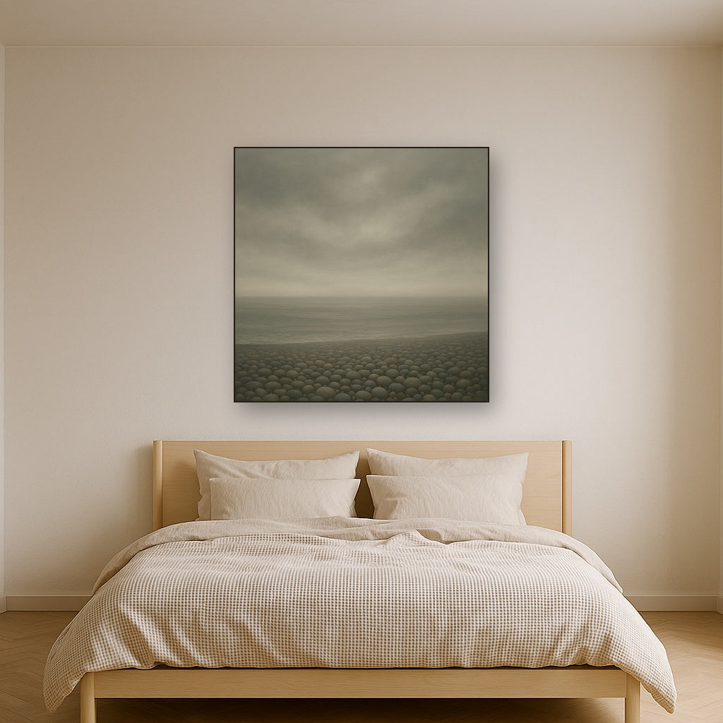 Overcast Coastal Fog & Wet Pebble Shingle No. 14 Oil Painting Staged Above Master Bed in Bedroom, Calming Neutral Hand Painted Oil Art