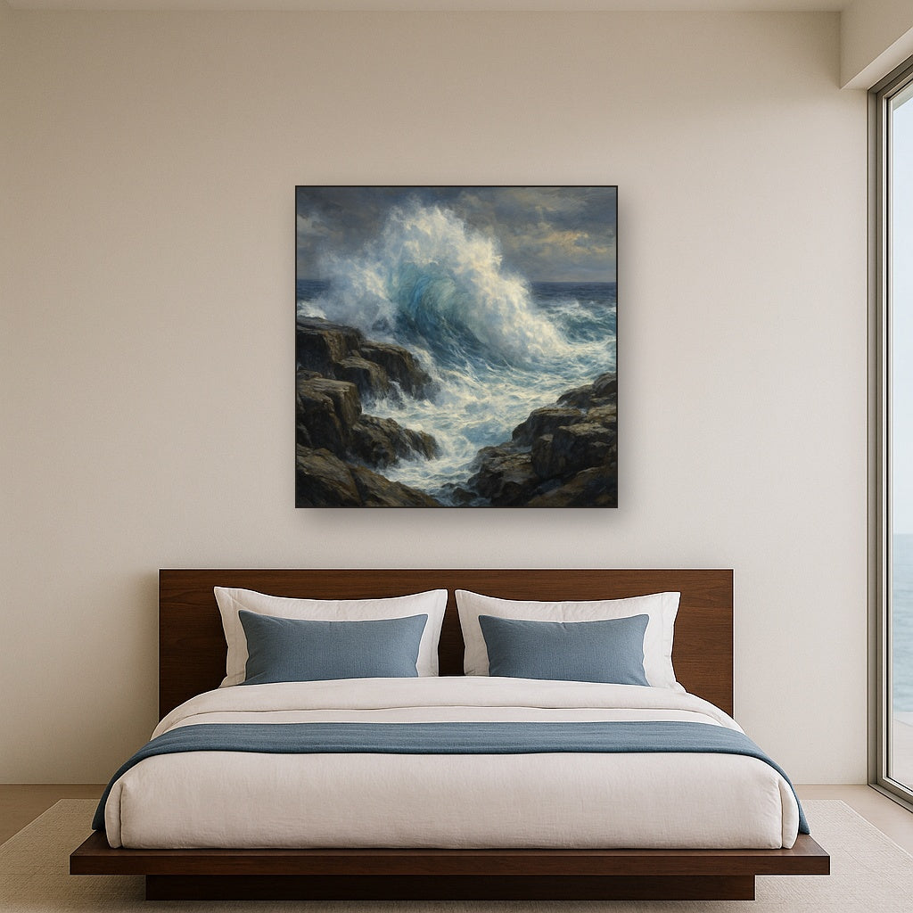 Dramatic Storm Waves on Crashing Granite Rocks No. 9 Fine Art Oil Painting - View 3