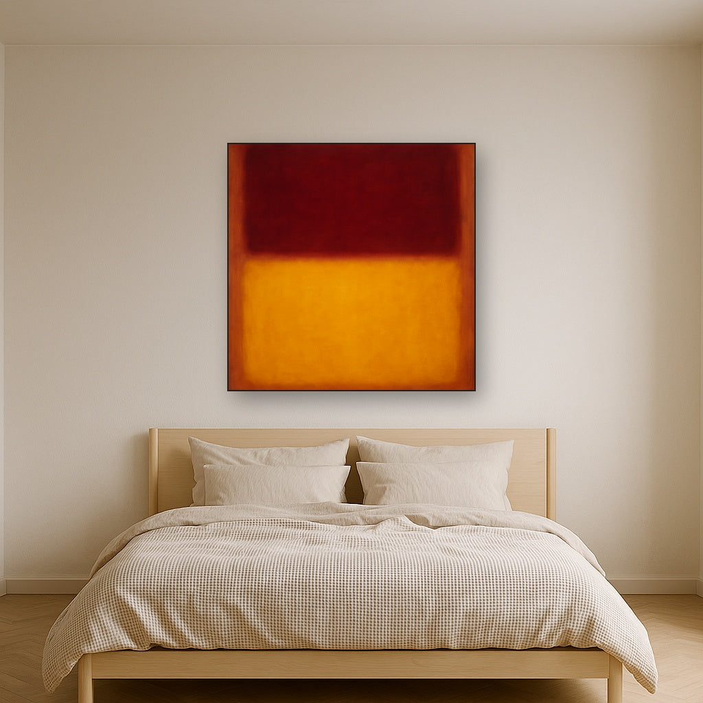 Crimson Burgundy & Saffron Gold Color Vibrations No. 11 Oil Painting Staged Above Master Bed in Bedroom, Calming Neutral Hand Painted Oil Art