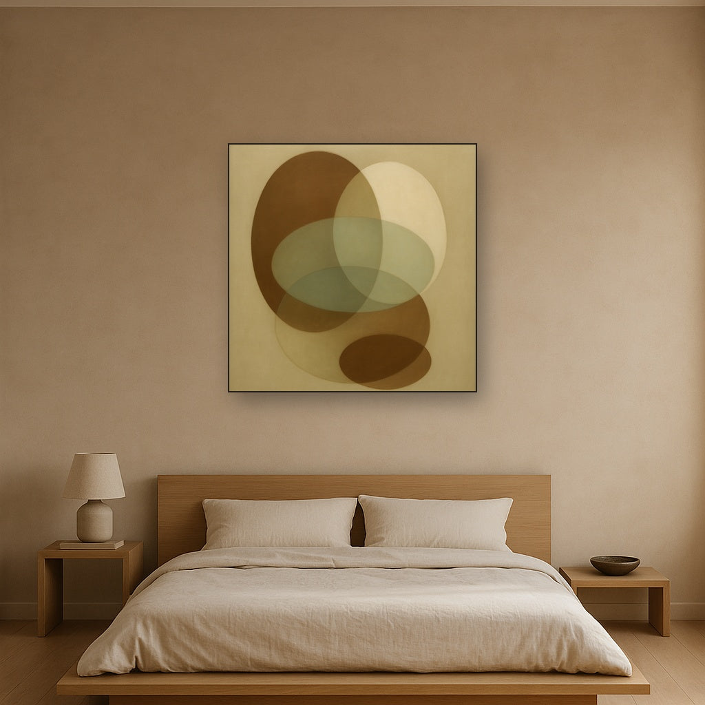 Floating Ellipse Harmony in Walnut & Pale Sage No. 22 Oil Painting Staged Above Master Bed in Bedroom, Calming Neutral Hand Painted Oil Art