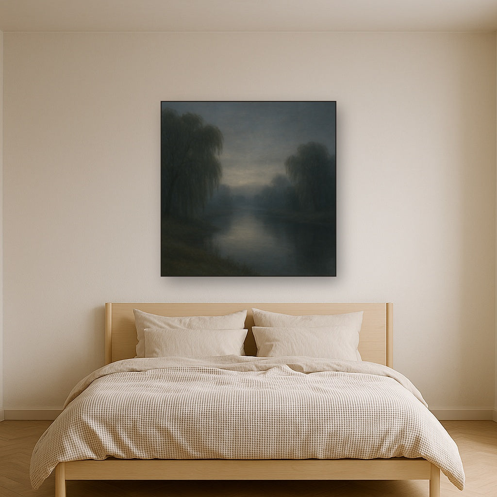 Tranquil Riverbank at Twilight Mist Oil Painting - View 3
