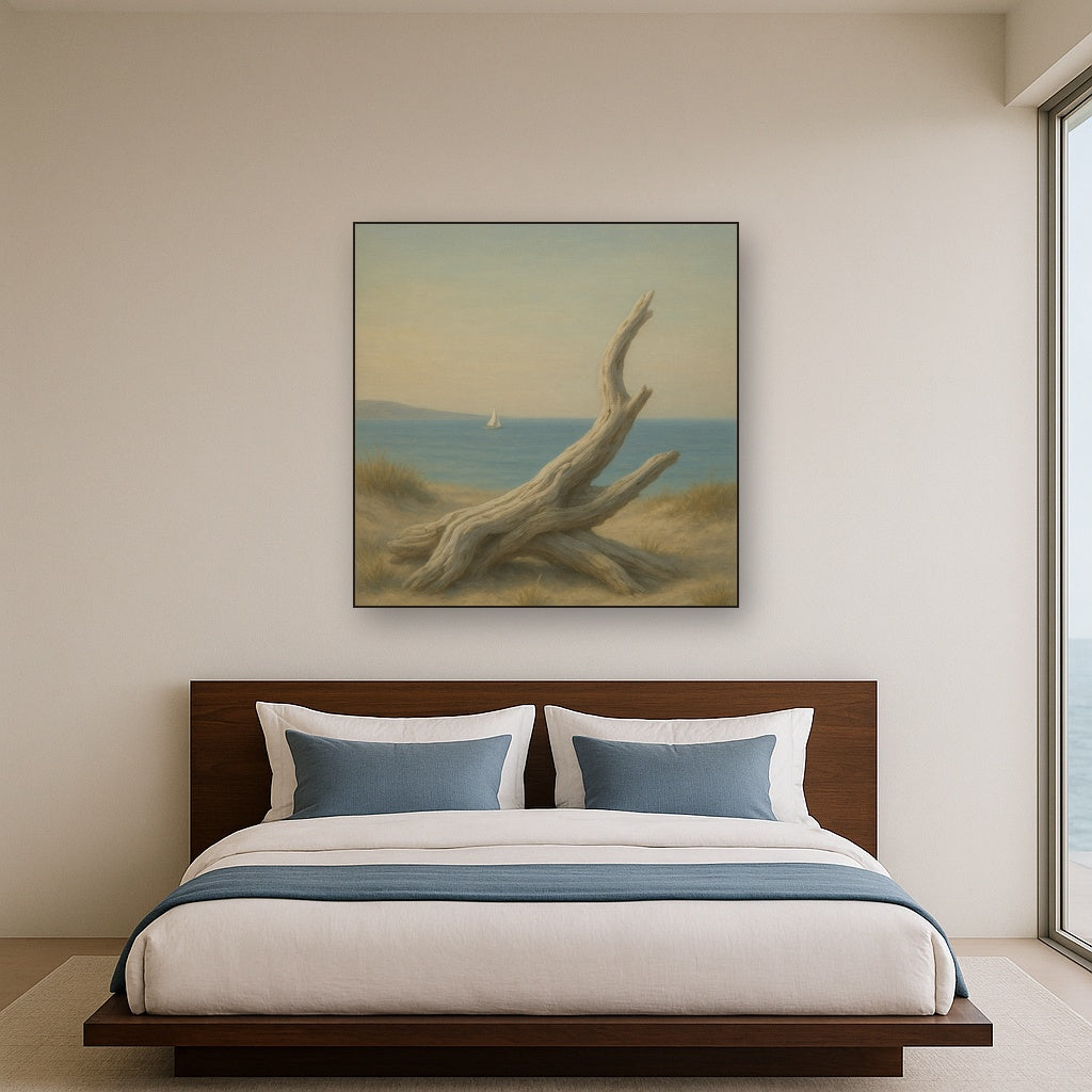 Sun-Bleached Driftwood & Distant Sailboat No. 4 Oil Painting Staged Above Master Bed in Bedroom, Calming Neutral Hand Painted Oil Art