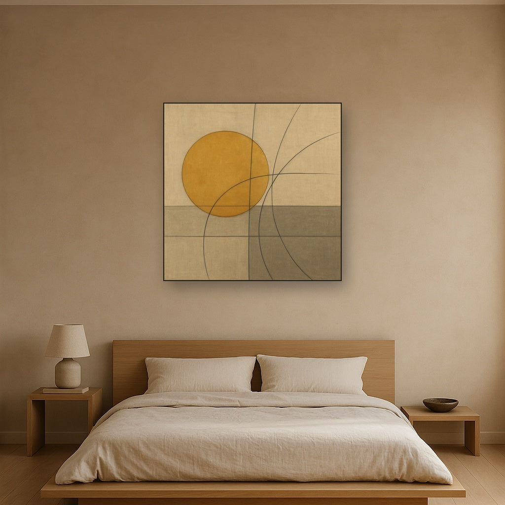 Abstract Tangent Lines & Earthy Ochre Disc No. 13 Oil Painting - View 3