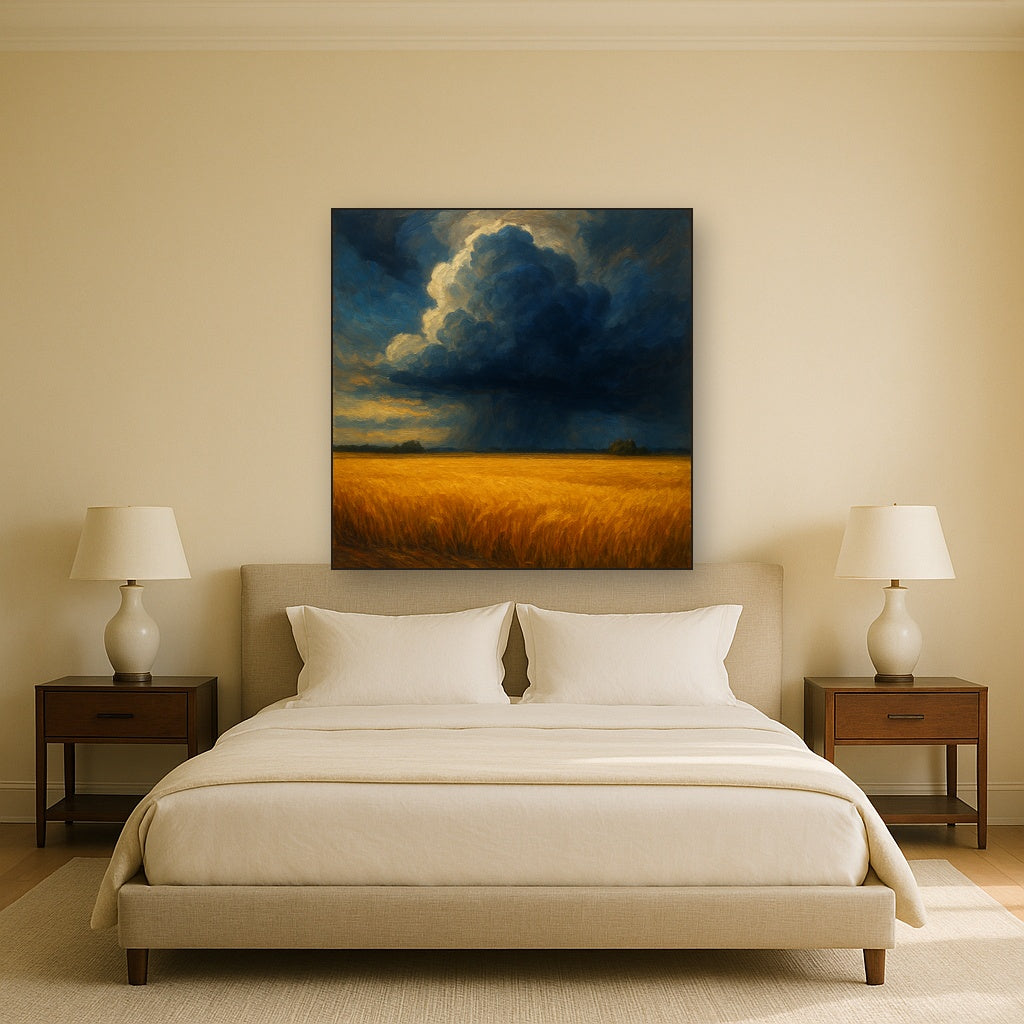 Harvest Wheatfield under Dramatic Thunderhead Sky Fine Art Oil Painting - View 3