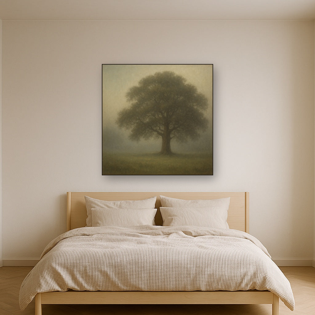 Ancient Solitary Oak in Morning Fog No. 10 Oil Painting - View 3
