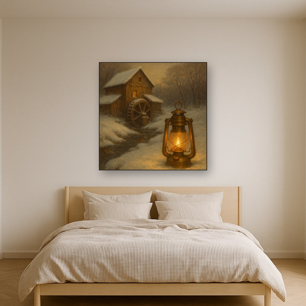 Snowy Mill Stream & Glowing Lantern No. 5 Oil Painting - View 3