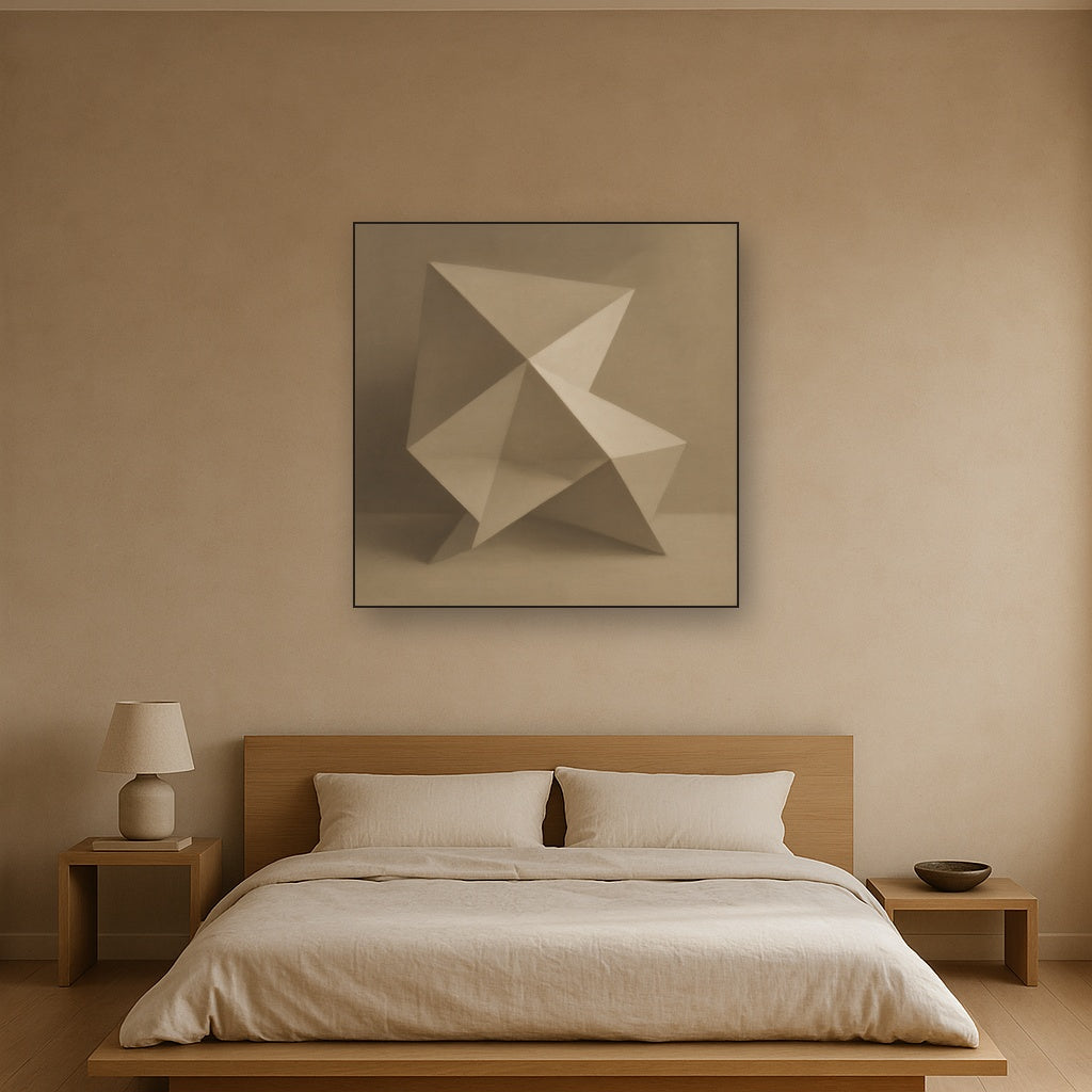Folded Paper Geometry in Neutral Gradient Shadows No. 22 Oil Painting Staged Above Master Bed in Bedroom, Calming Neutral Hand Painted Oil Art