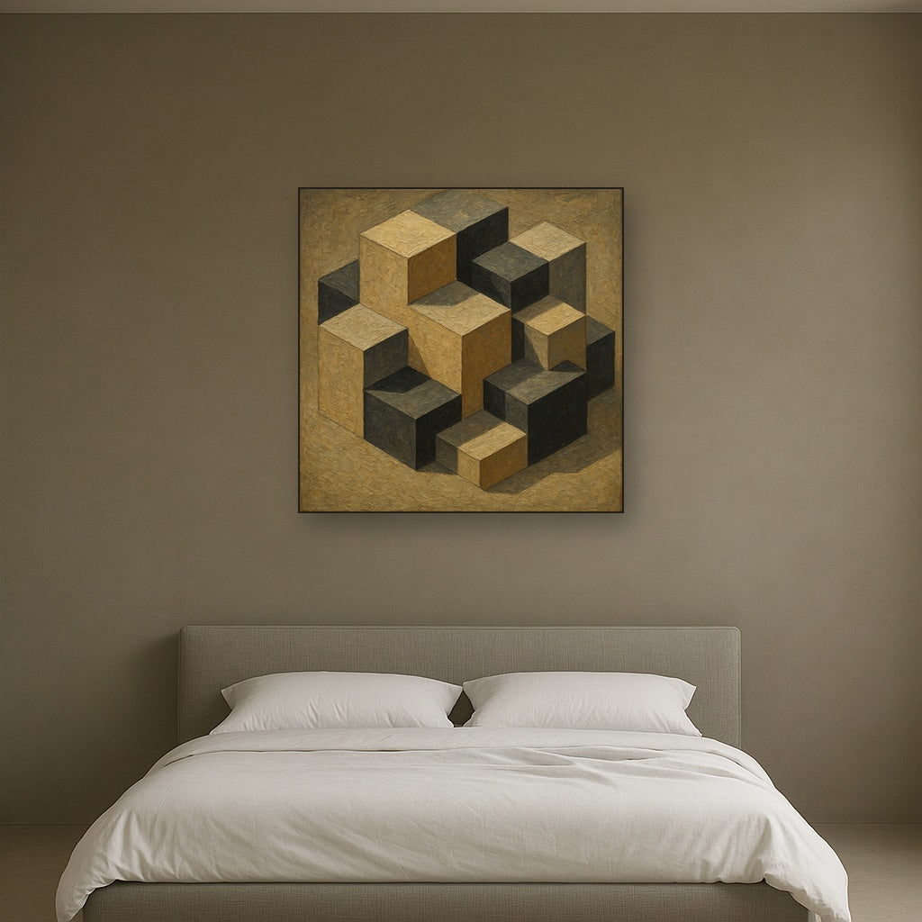 Isometric Modernist Cube Abstraction Oil Painting - Styled in Master Bedroom