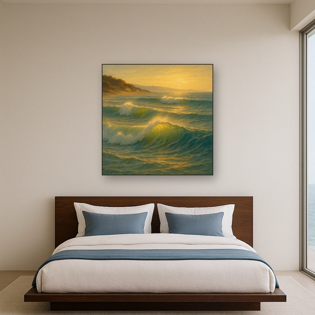 Golden Hour Sunlight on Ocean Swells No. 11 Oil Painting - View 3