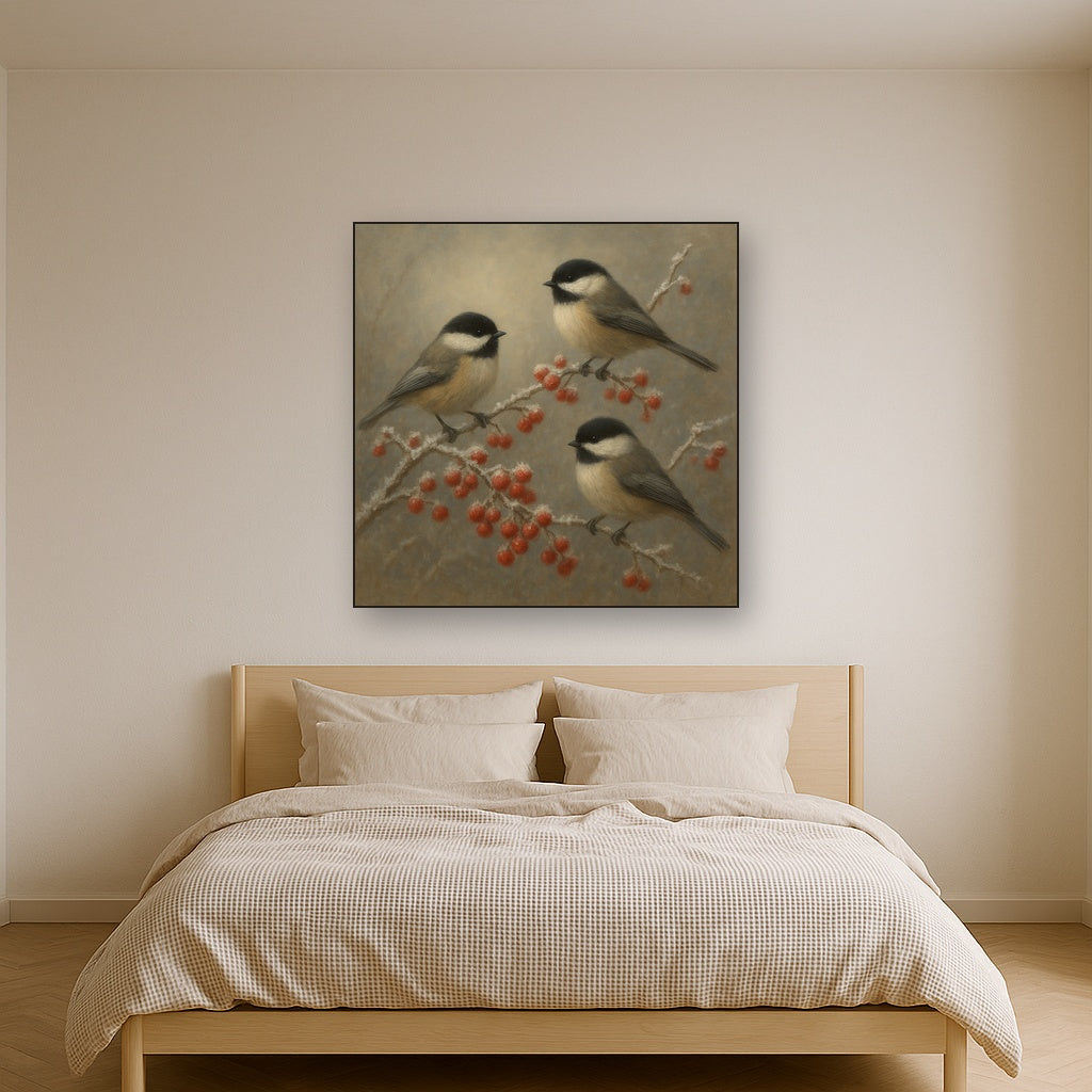 Winter Birds on Frosty Red Berry Branch No. 3 Oil Painting - View 3