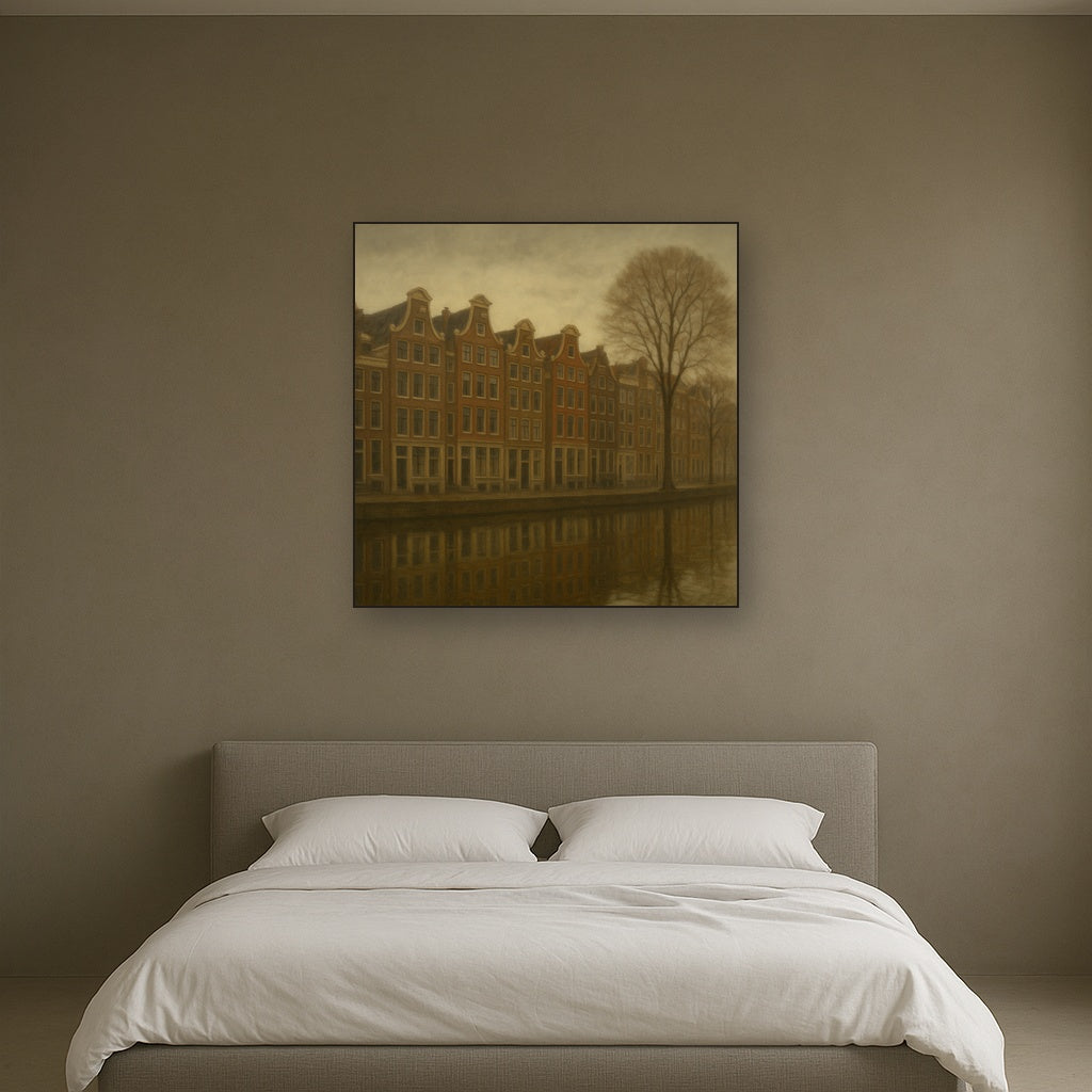 Amsterdam Canal Houses Under Overcast Sky No. 11 Oil Painting Staged Above Master Bed in Bedroom, Calming Neutral Hand Painted Oil Art