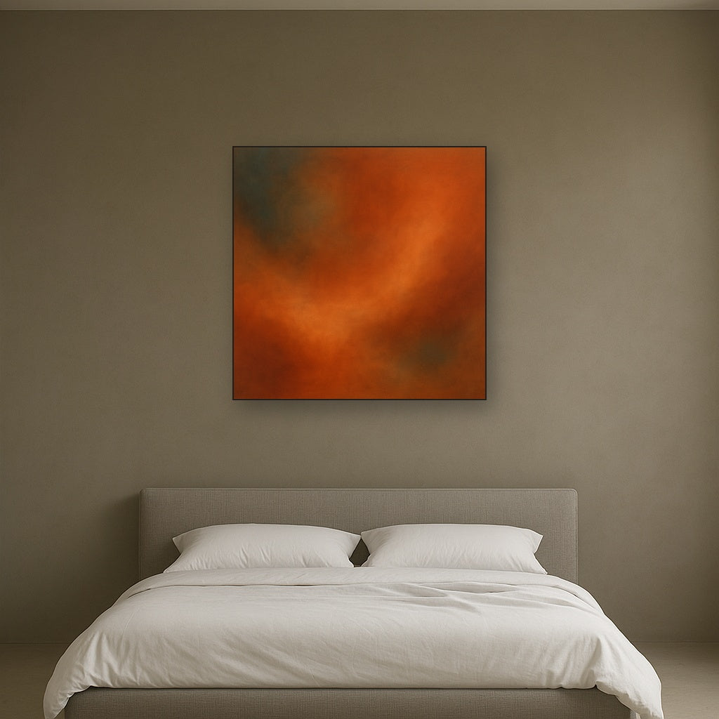 Deep Topaz & Spiced Terracotta Glow No. 9 Oil Painting Staged Above Master Bed in Bedroom, Calming Neutral Hand Painted Oil Art