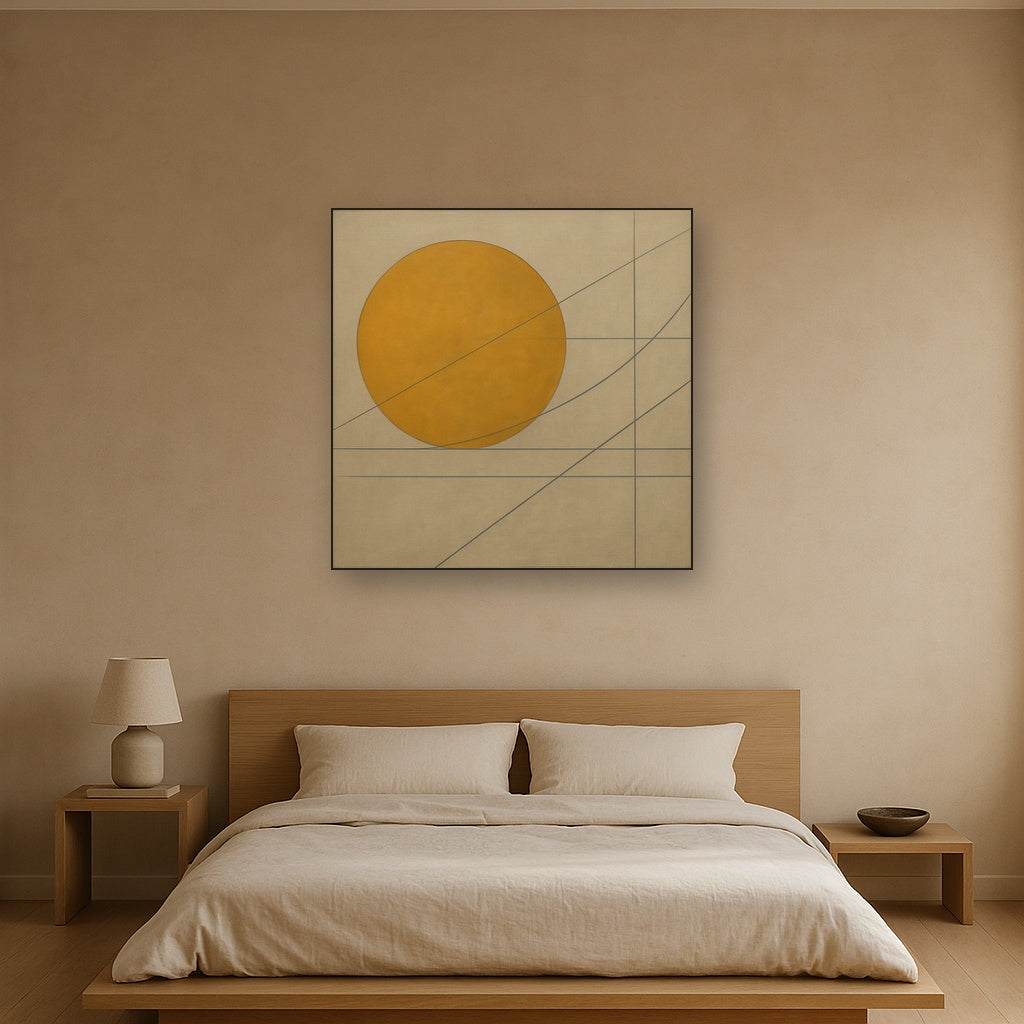 Abstract Tangent Lines & Earthy Ochre Disc No. 23 Oil Painting Staged Above Master Bed in Bedroom, Calming Neutral Hand Painted Oil Art