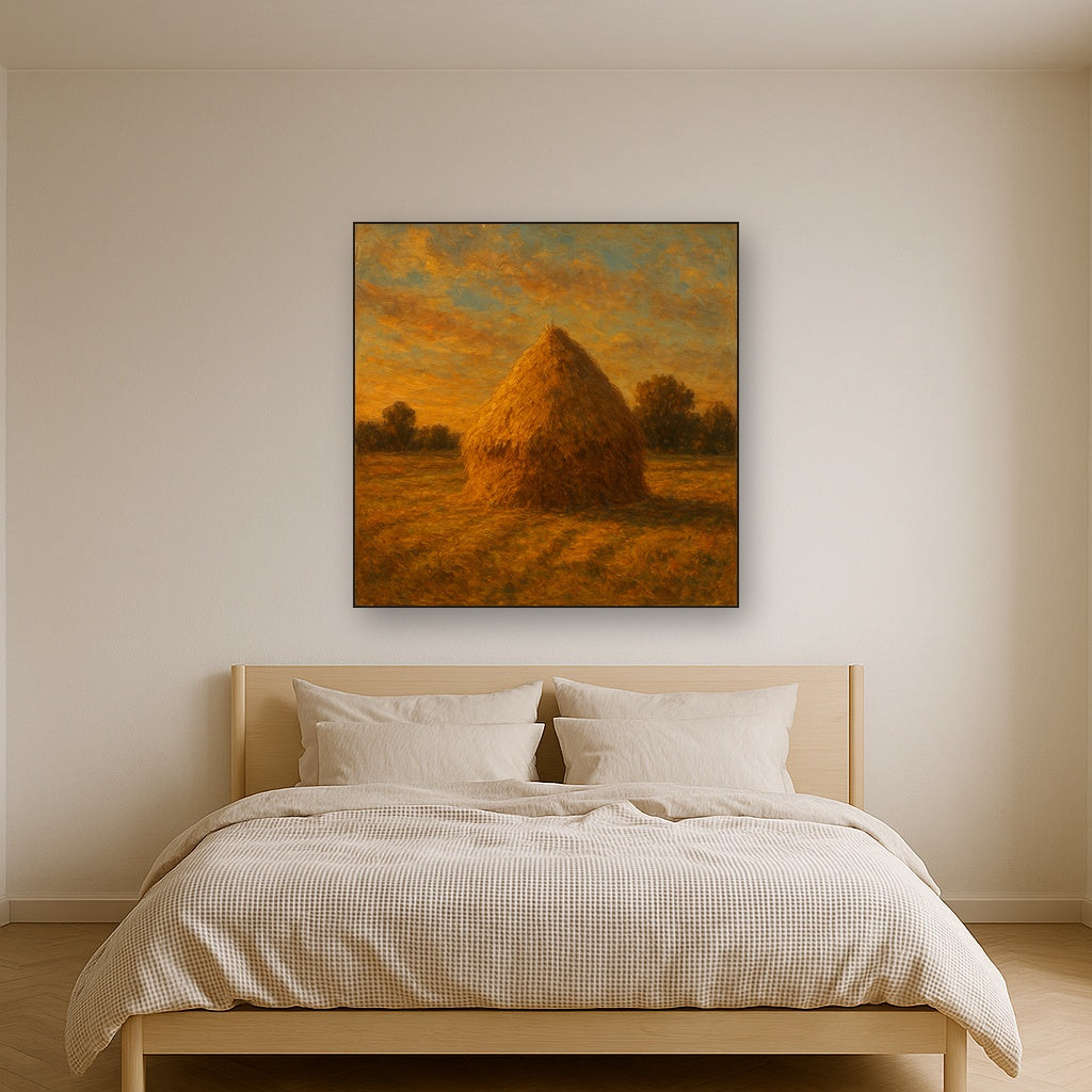Rustic Countryside Haystack at Sunset Oil Painting - Styled in Master Bedroom