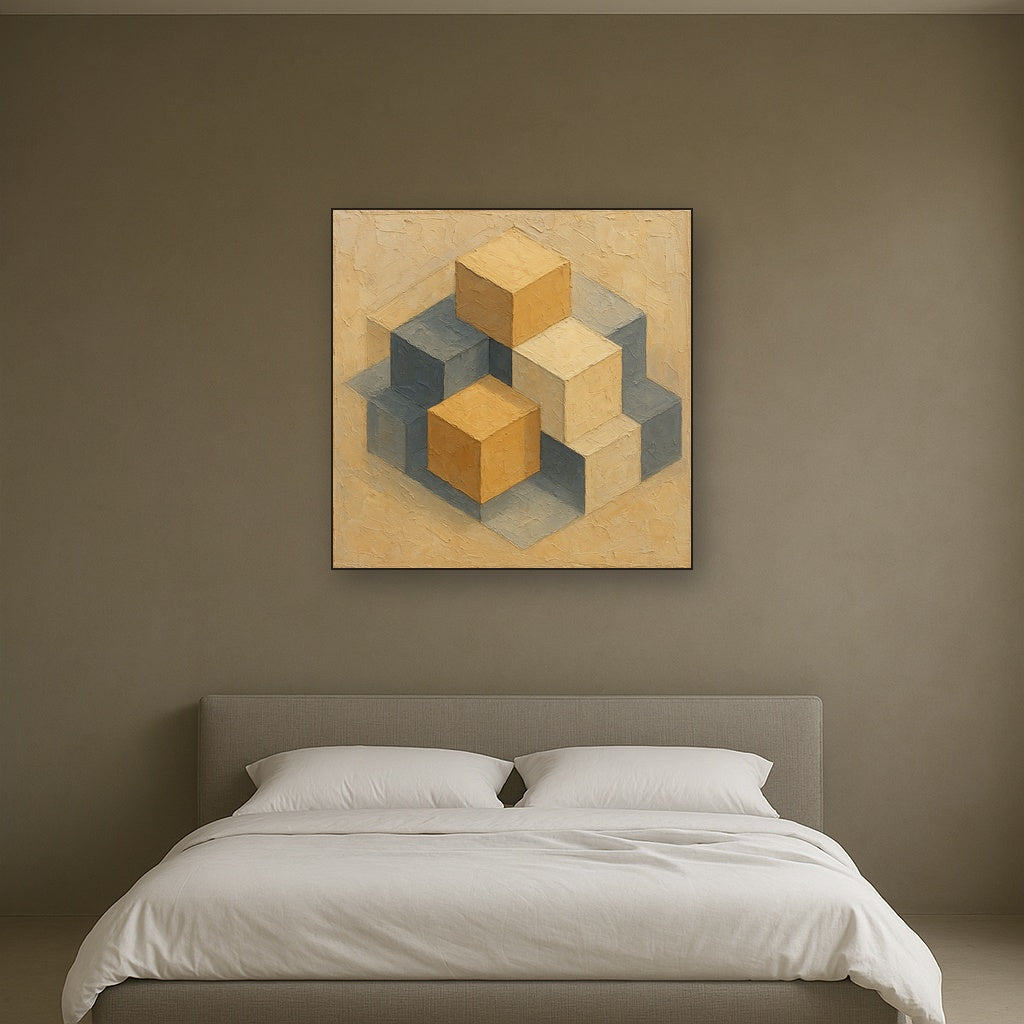 Concentric Cube Geometry Oil Painting - Styled in Master Bedroom