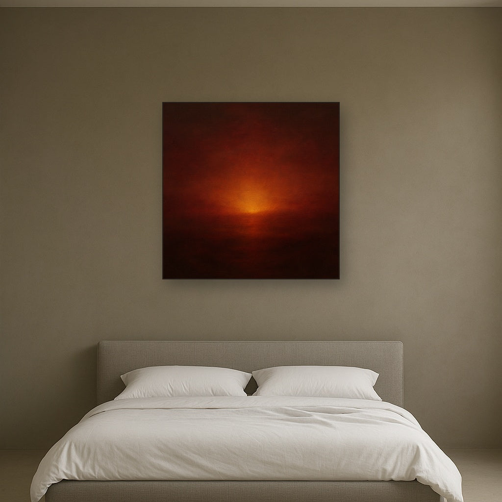 Deep Garnet & Amber Candlelight Horizon No. 13 Oil Painting Staged Above Master Bed in Bedroom, Calming Neutral Hand Painted Oil Art