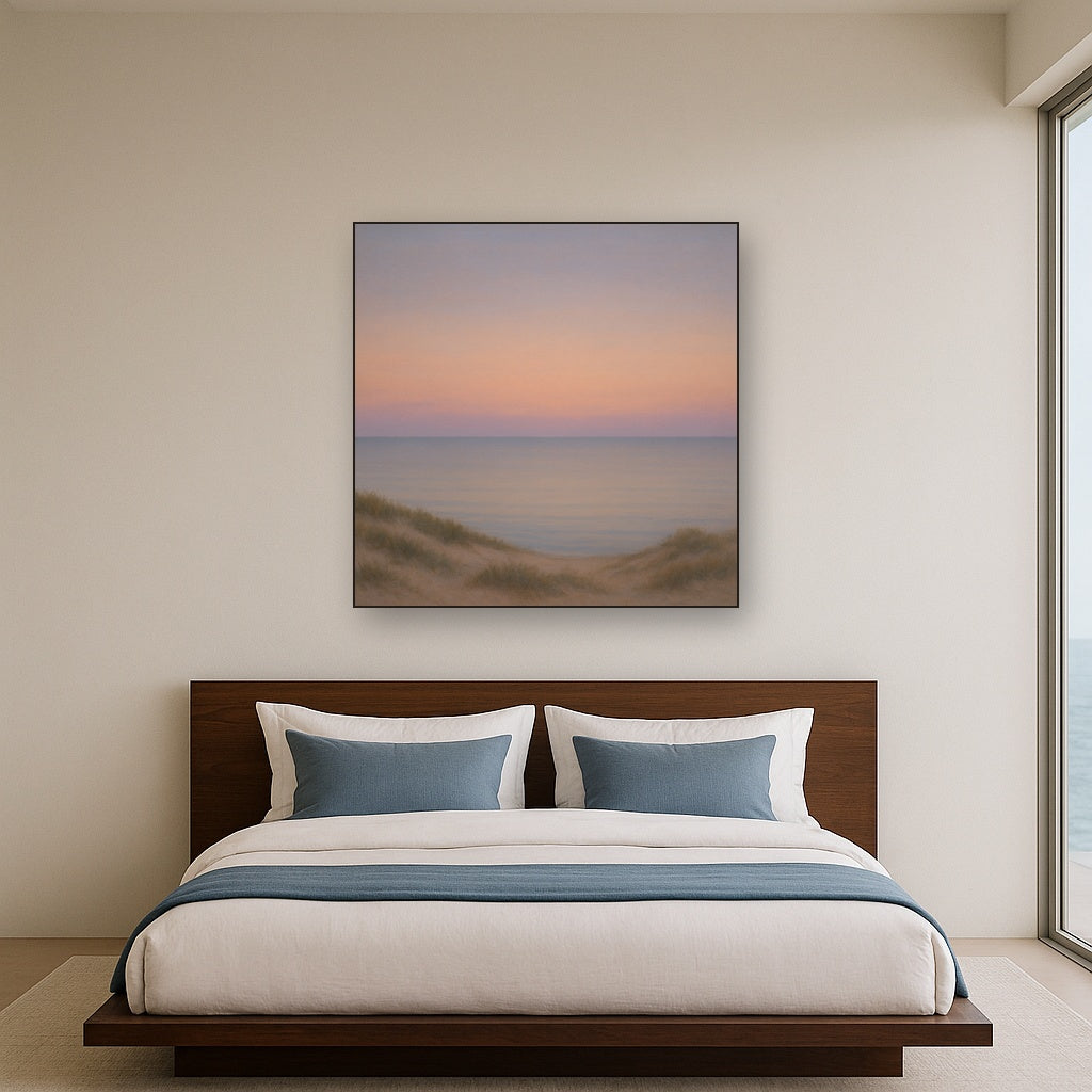 Pastel Dusk Horizon over Calm Atlantic Waters No. 17 Oil Painting Staged Above Master Bed in Bedroom, Calming Neutral Hand Painted Oil Art