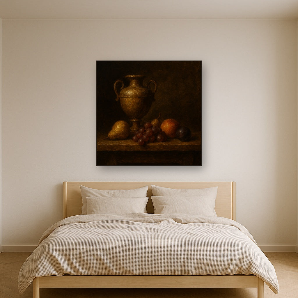 Classical Chiaroscuro Fruit & Urn Still Life Oil Painting - Styled in Master Bedroom