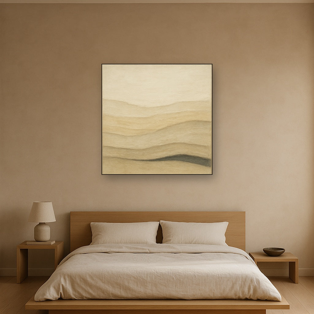Raw Limestone Horizon & Washed Linen No. 8 Oil Painting Staged Above Master Bed in Bedroom, Calming Neutral Hand Painted Oil Art