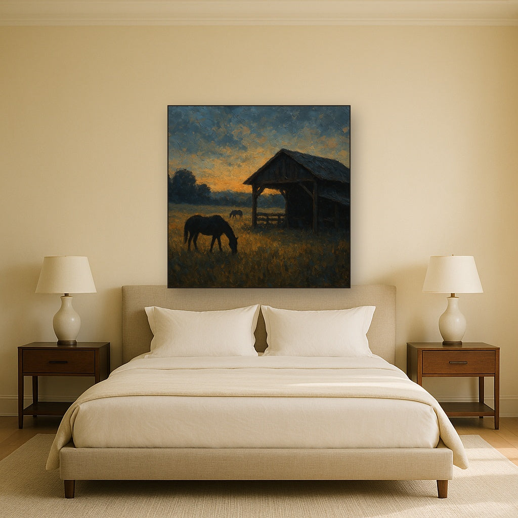 Rustic Equestrian Stable Silhouette No. 3 Oil Painting - Styled in Master Bedroom