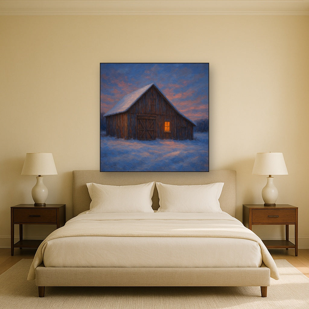 Rustic Wooden Barn in Quiet Winter Twilight No. 4 Fine Art Oil Painting - View 3