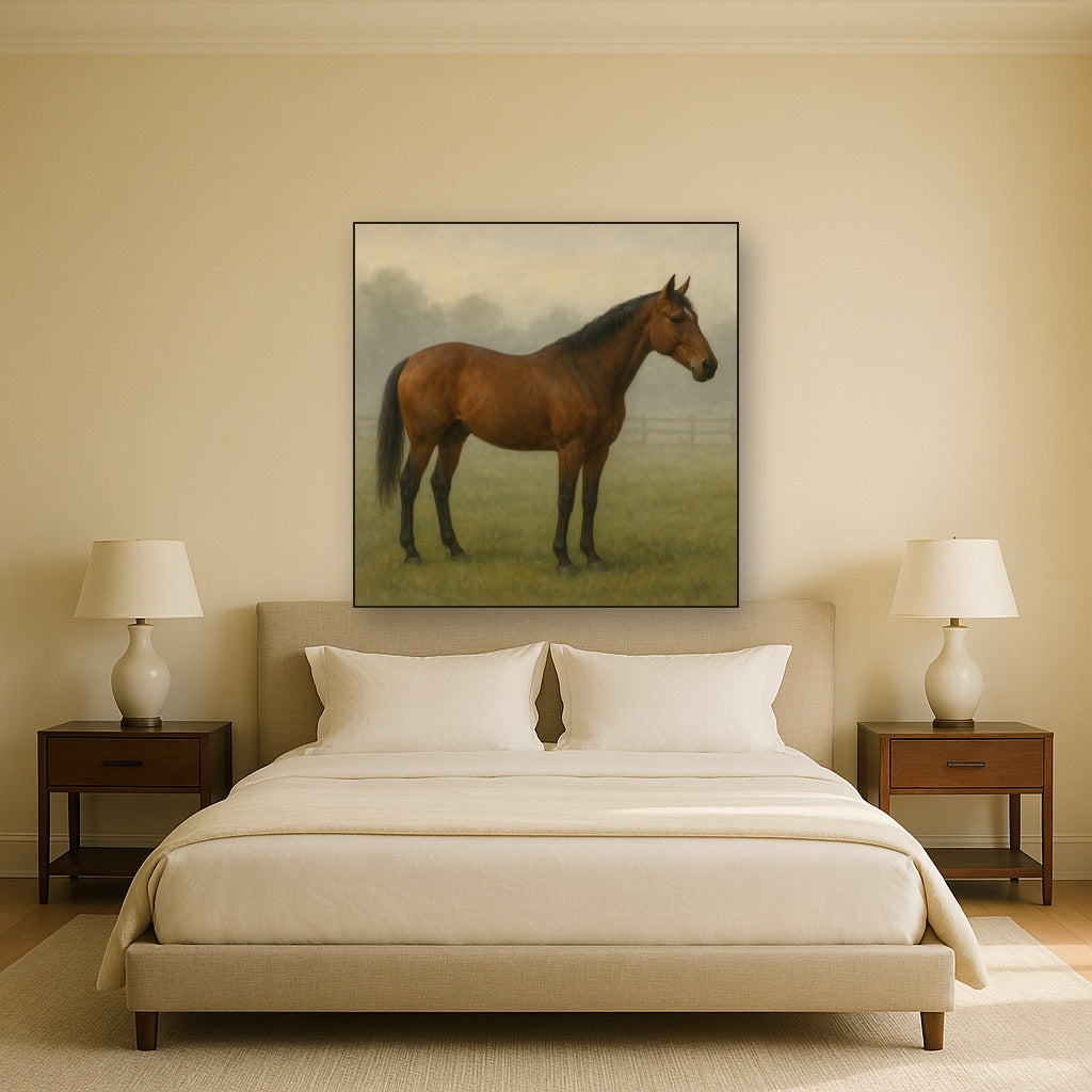 Thoroughbred in Morning Pasture Mist No. 15 Oil Painting - View 3