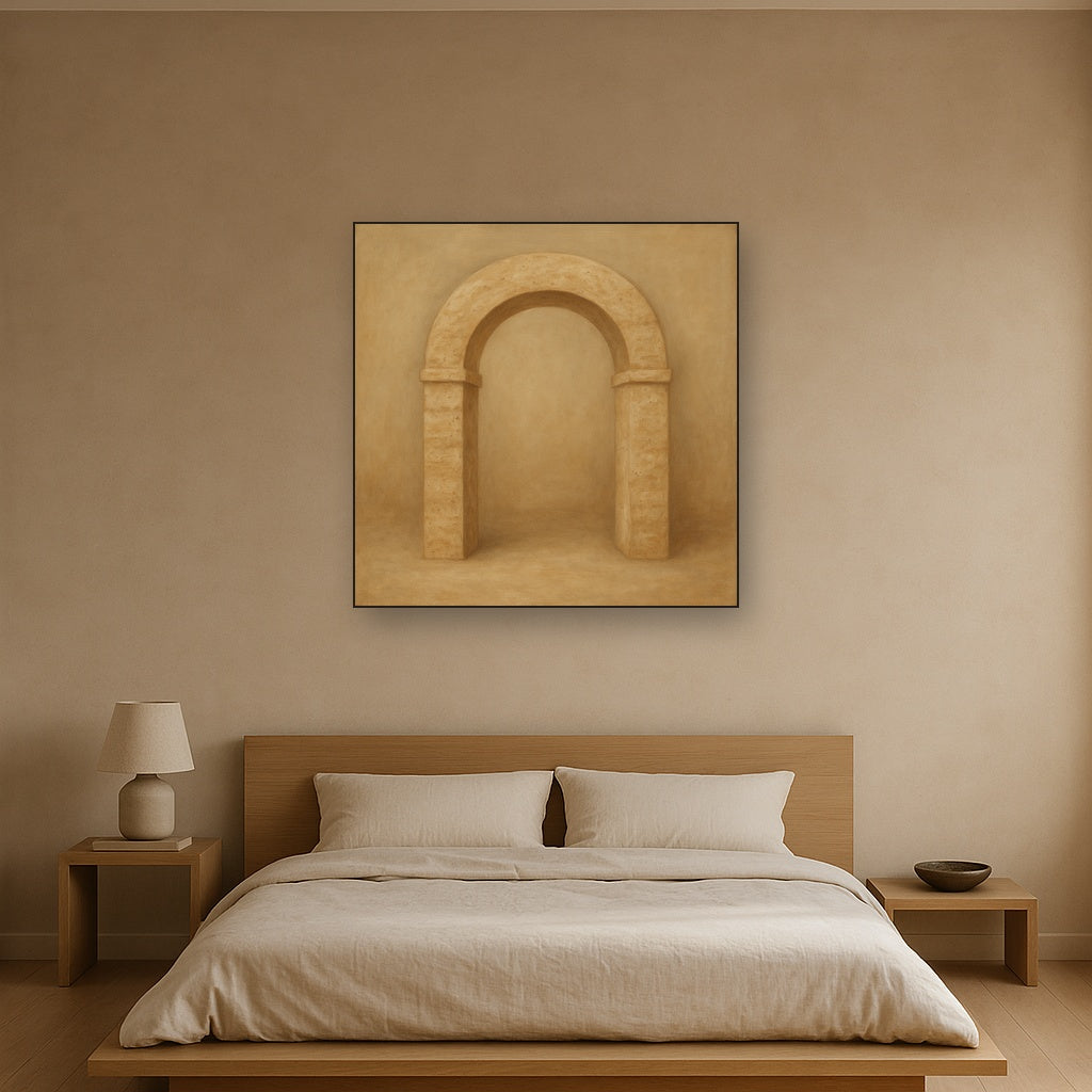 Travertine Stone Arch & Earth Tones No. 22 Oil Painting Staged Above Master Bed in Bedroom, Calming Neutral Hand Painted Oil Art