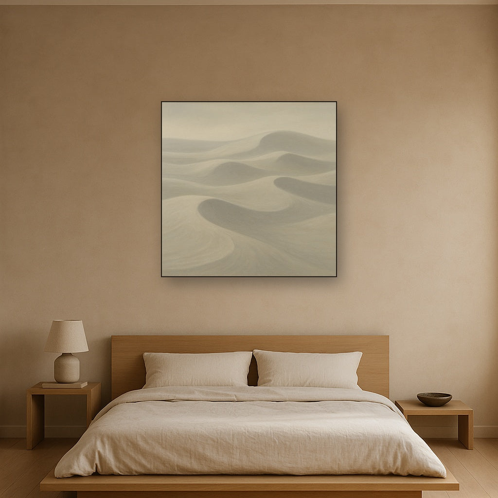 Monochrome Sand Dune Contours & Pale Slate No. 27 Oil Painting Staged Above Master Bed in Bedroom, Calming Neutral Hand Painted Oil Art