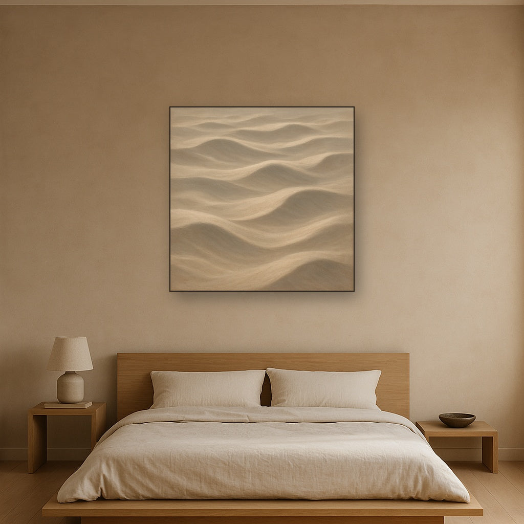 Monochrome Sand Dune Contours & Pale Slate No. 14 Oil Painting Staged Above Master Bed in Bedroom, Calming Neutral Hand Painted Oil Art